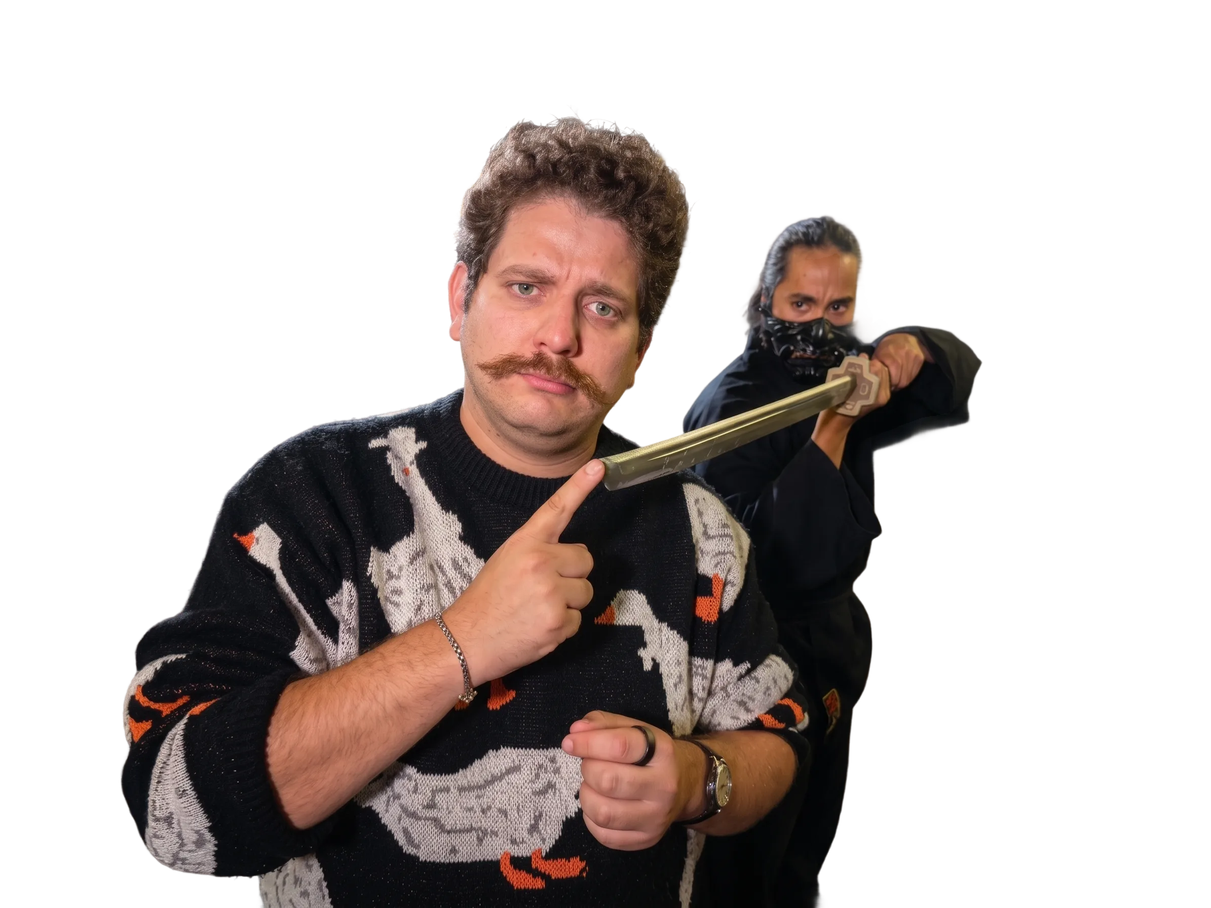 Isaac Medeiros pointing at a YouTube Diamond Play Button while a ninja aims a katana behind him